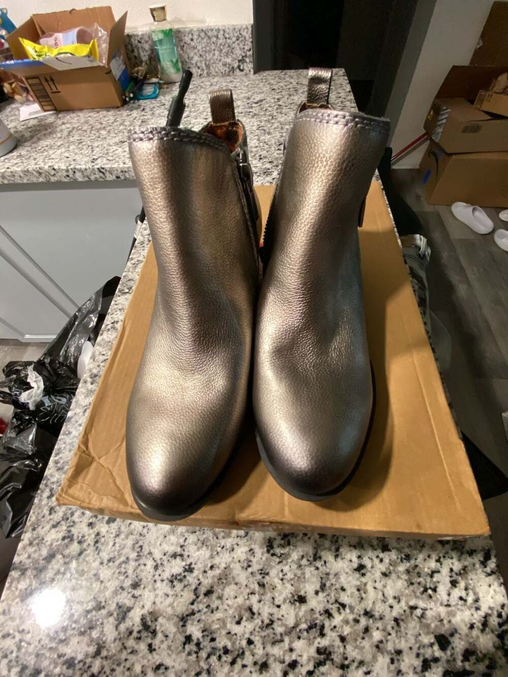 Lucky Brand Women's Pewter Washed Metallic Leather Ankle Booties
